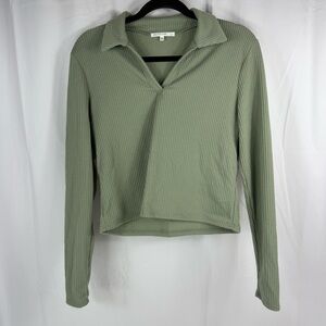 Antistar Rib Knit Long Sleeve Shirt Medium V-Neck with Collar Sage Green